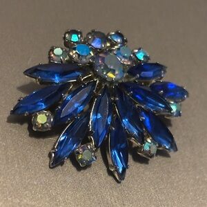 Source Unknown Cobalt Blue Marquise Crystal Brooch with Aurora Accents